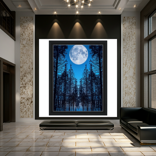 Large Moon Over Pine Forest Wall Art - Night Nature Landscape