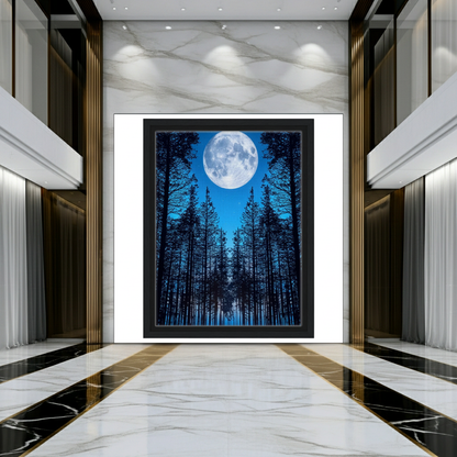 Large Moon Over Pine Forest Wall Art - Night Nature Landscape