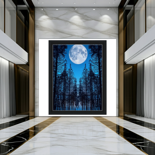 Large Moon Over Pine Forest Wall Art - Night Nature Landscape