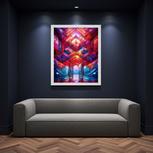 Bold maximalist, abstract pattern, interlocking geometric shapes, vibrant jewel tones of ruby, amber, and sapphire, clean lines inspired by modern stained glass, energetic and sophisticated