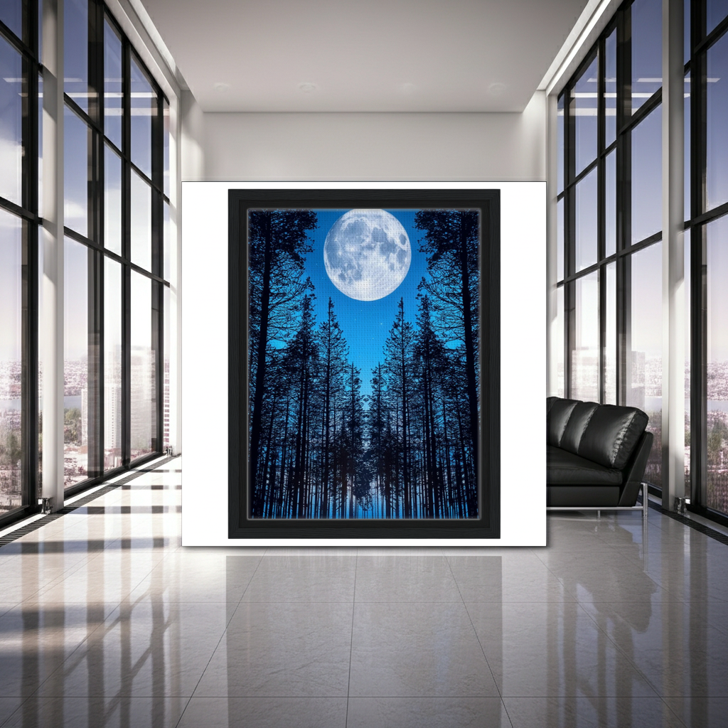 Large Moon Over Pine Forest Wall Art - Night Nature Landscape