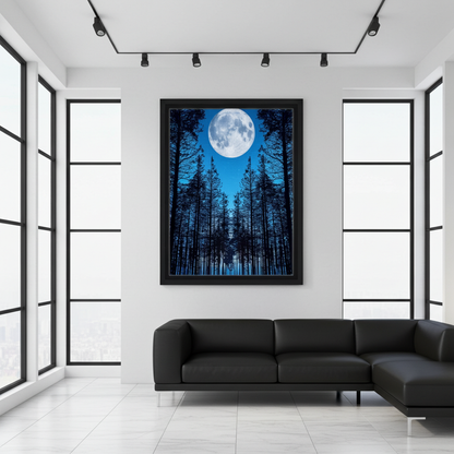 Large Moon Over Pine Forest Wall Art - Night Nature Landscape
